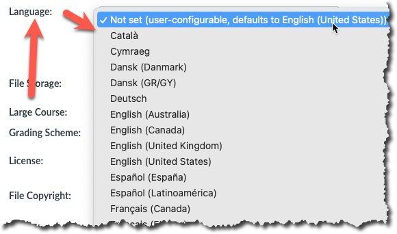 course languages drop-down list